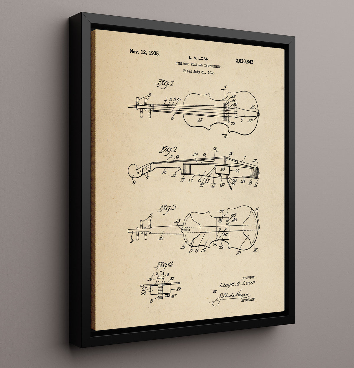 Stringed Musical Instrument - 1935 Patent - 16x20 Framed Canvas