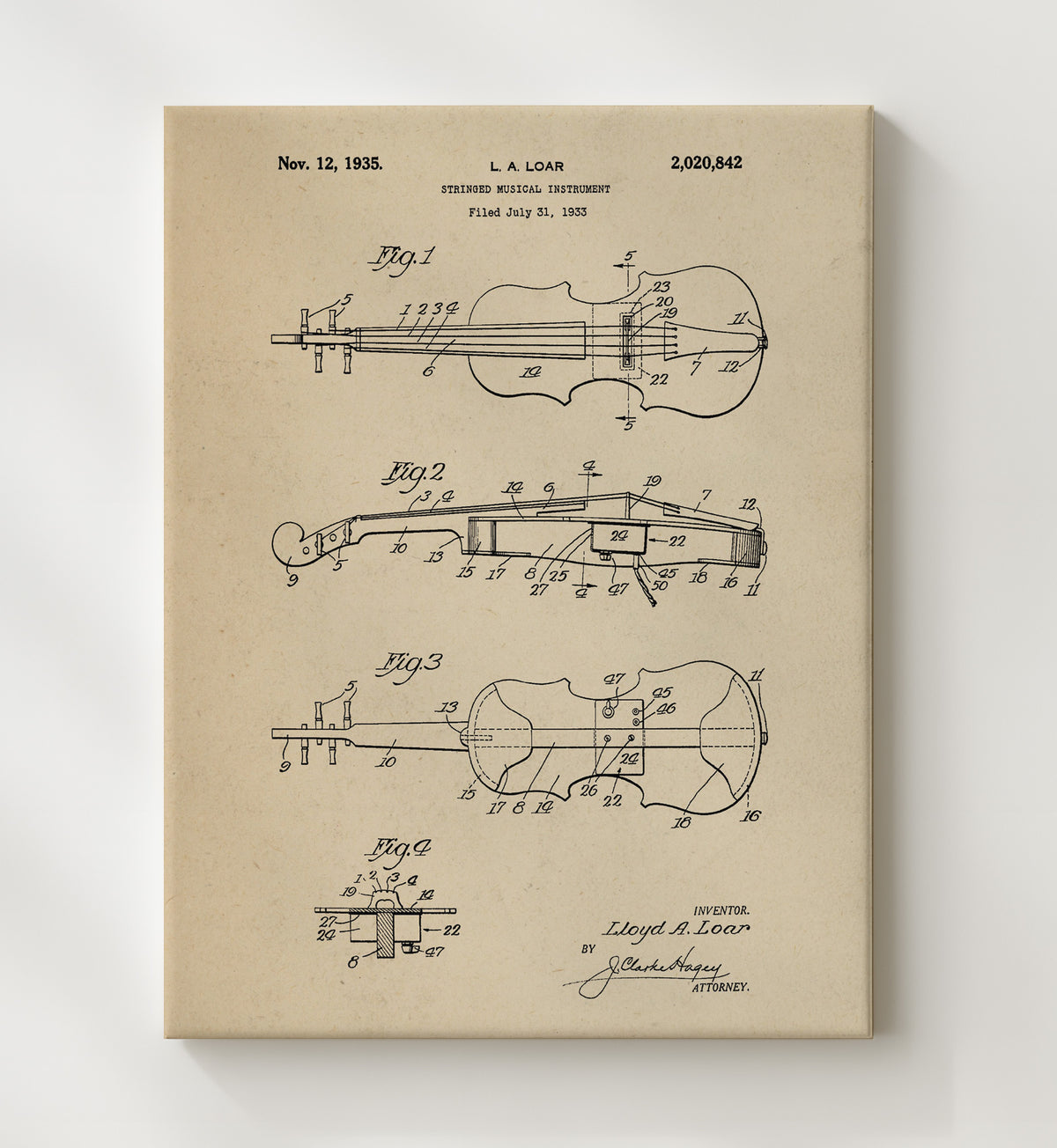 Stringed Musical Instrument - 1935 Patent - 20x24 Canvas