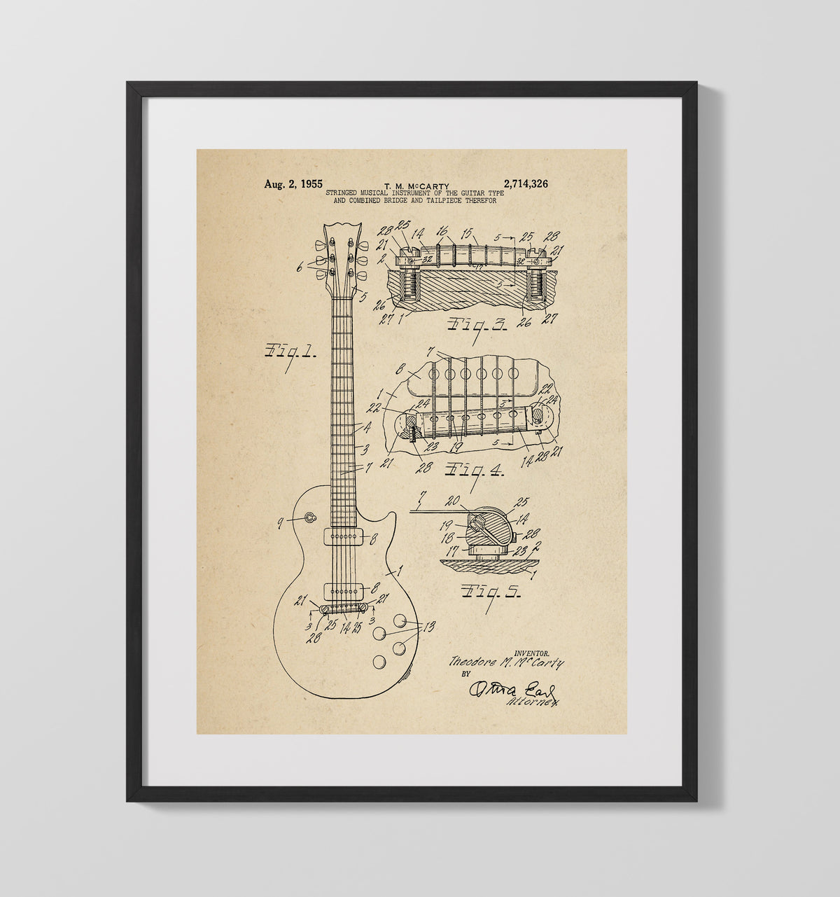 Stringed Musical Instrument Of The Guitar Type And Combined Bridge And Tailpiece Therefor 1955 patent print wall art 16x20 Gallery Frame
