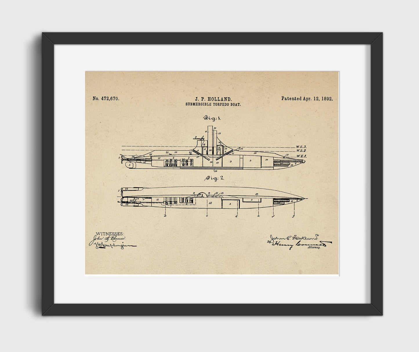 Submergible Torpedo Boat 1892 patent print wall art 16x20 Gallery Frame