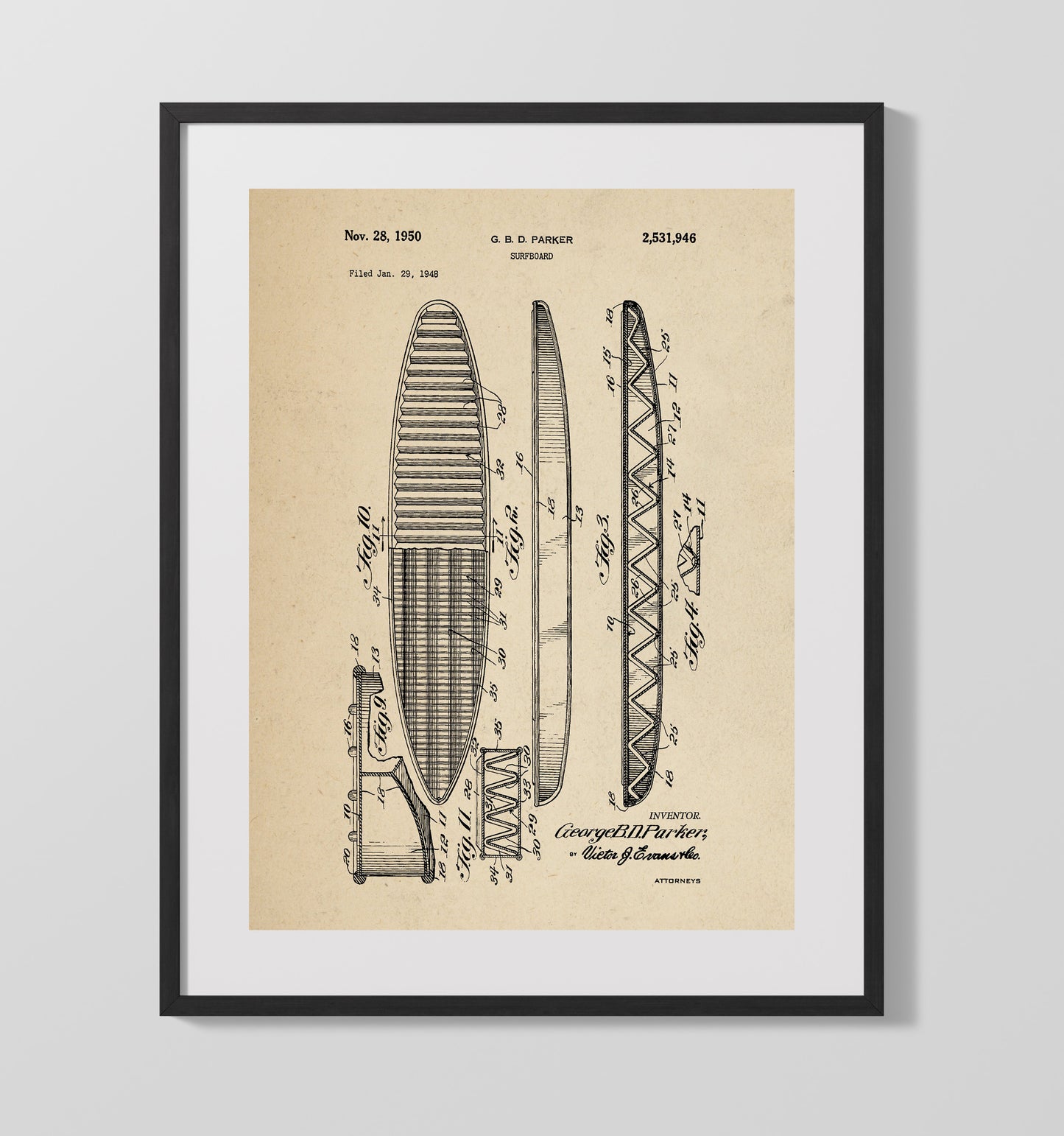 Surfboard 1950 patent print wall art 16x20 Gallery Frame
