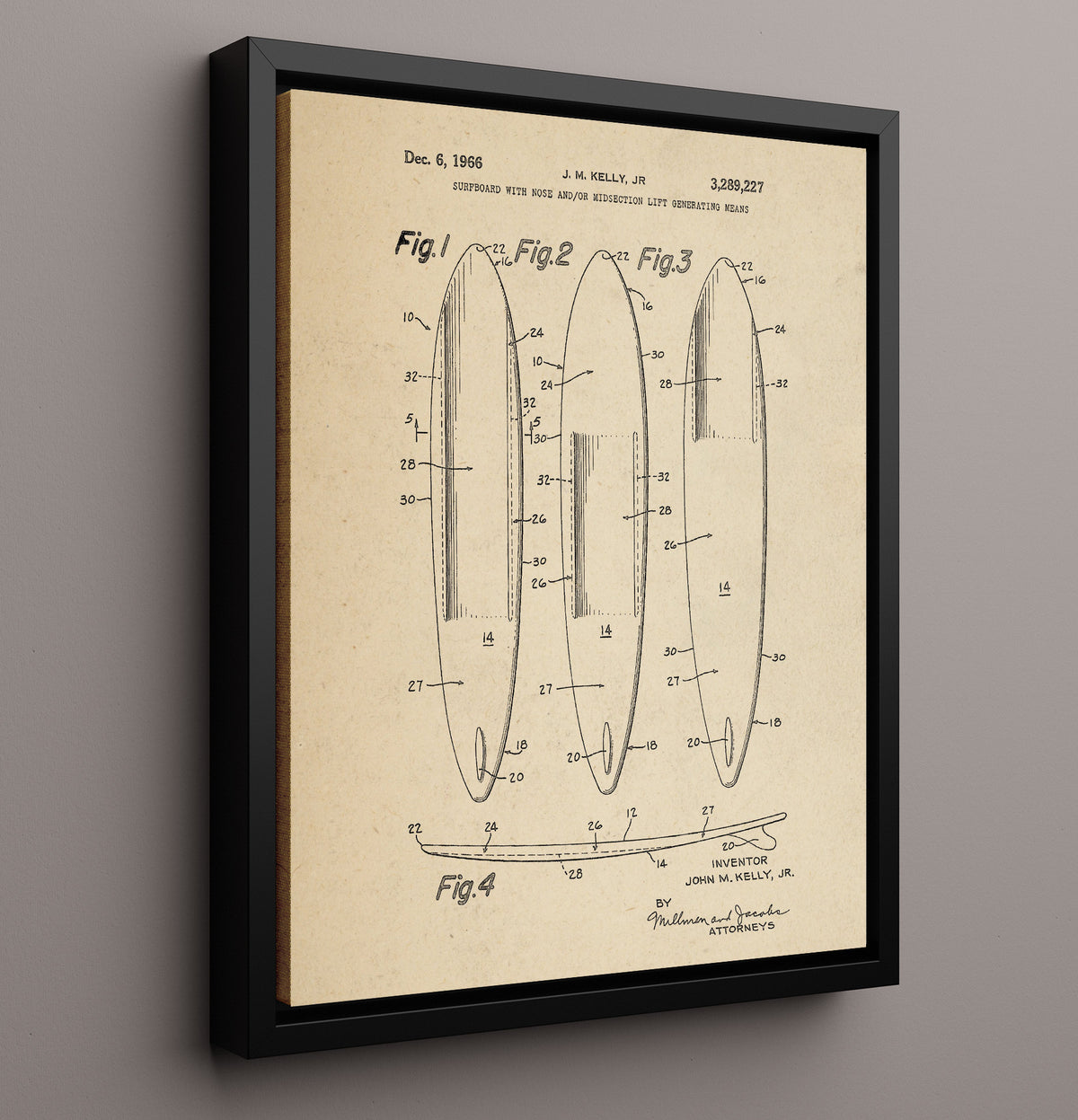 Surfboard With Nose Lift Generating Means - 1966 Patent - 16x20 Framed Canvas