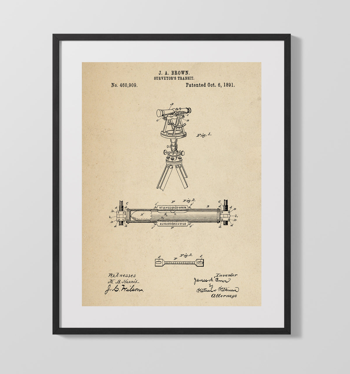 Surveyors Transit 1891 patent print wall art 16x20 Gallery Frame