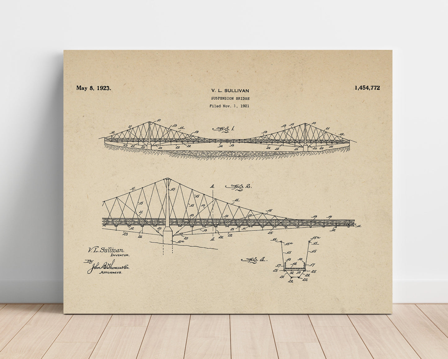 Patent Print - Suspension Bridge - V L Sullivan - 1923 - Patent 1454772 - Landscape Patent Wall Art