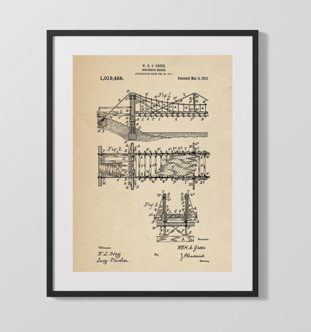 Suspension Bridge 1912 patent print wall art 16x20 Gallery Frame