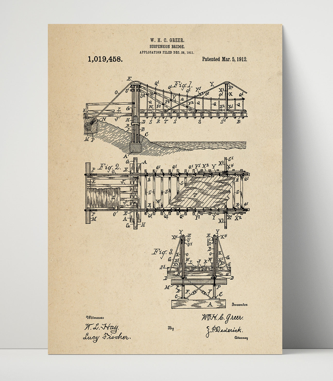 Patent Print - Suspension Bridge - W H C Greer - 1912 - Patent 1019458 Patent Wall Art