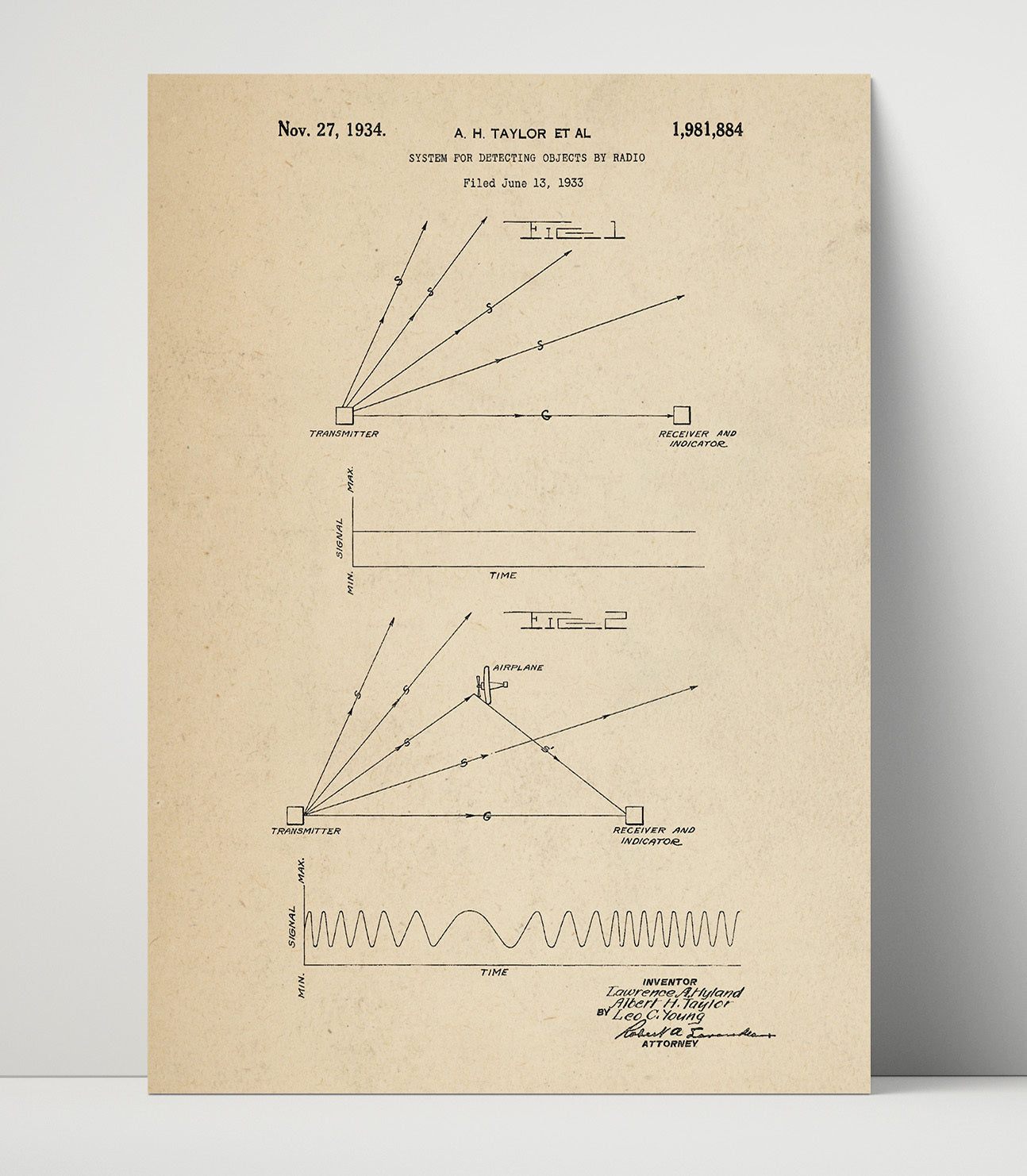 Patent Print - System For Detecting Objects By Radio - Albert H Taylor And Lawrence A Hyland - 1934 - Patent 1981884 Patent Wall Art