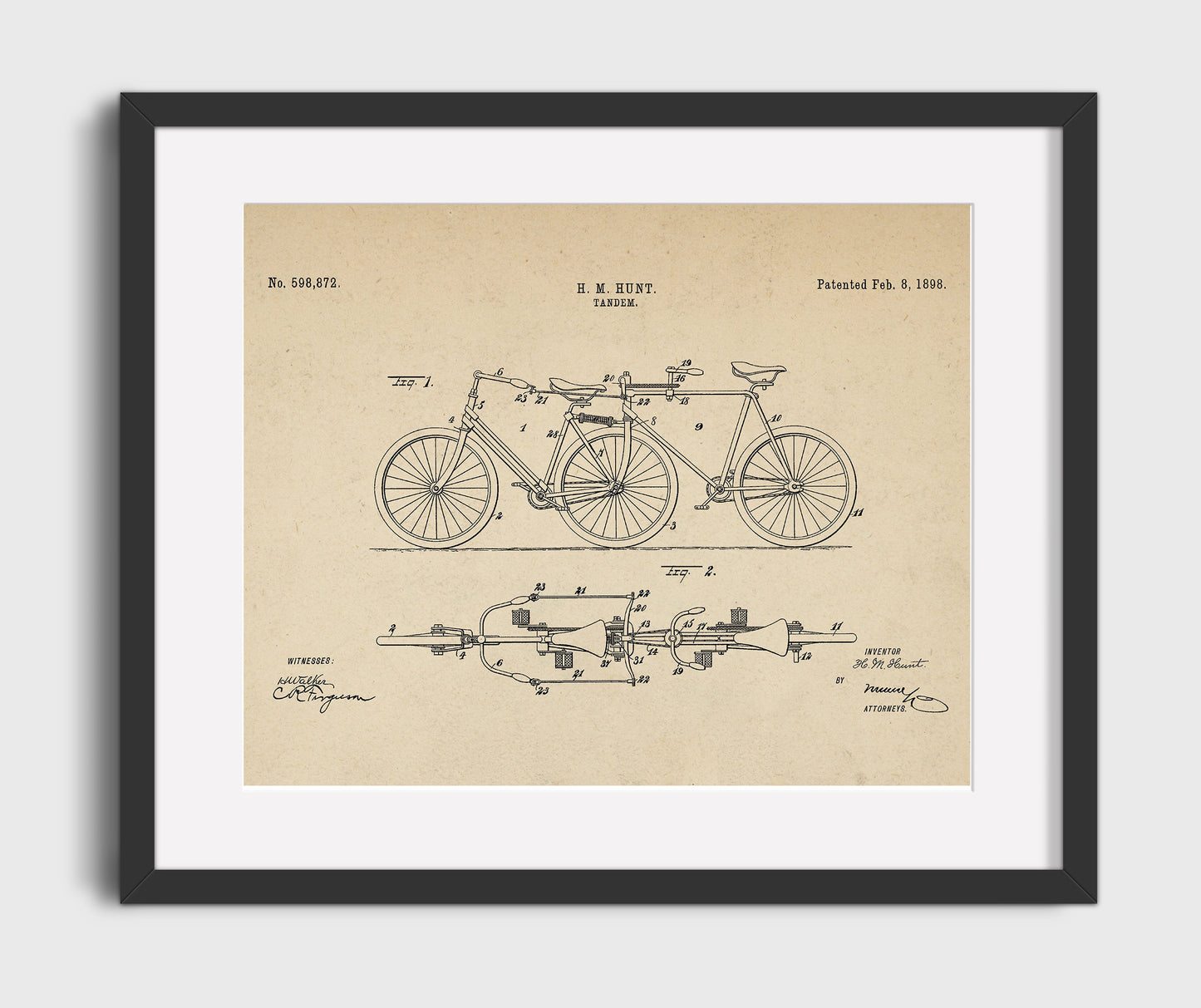 Tandem Bicycle 1898 patent print wall art 16x20 Gallery Frame