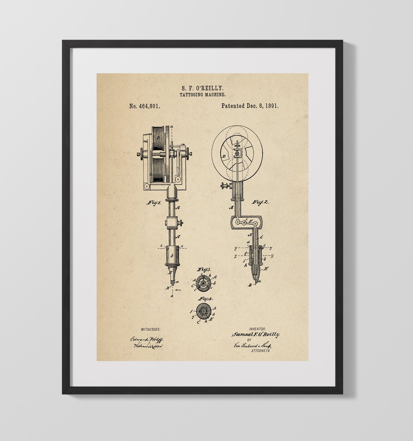 Tattooing Machine 1891 patent print wall art 16x20 Gallery Frame