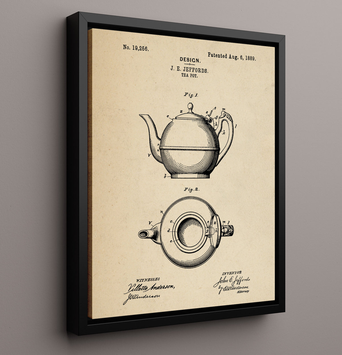 Tea Pot - 1889 Patent - 16x20 Framed Canvas