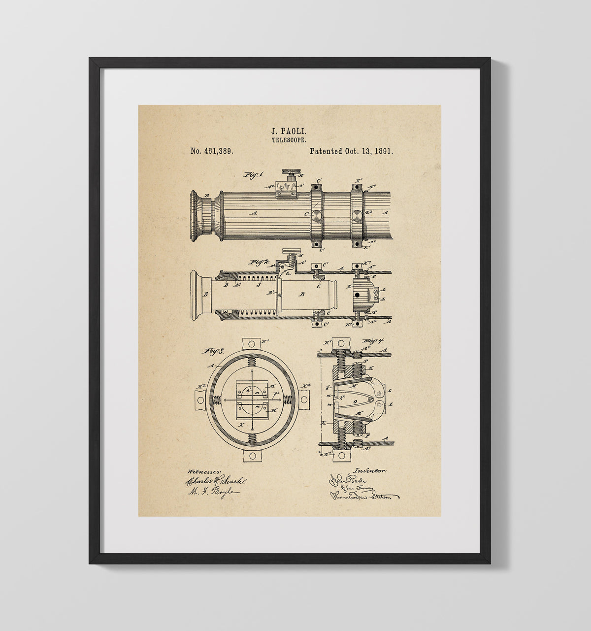 Telescope 1891 patent print wall art 16x20 Gallery Frame