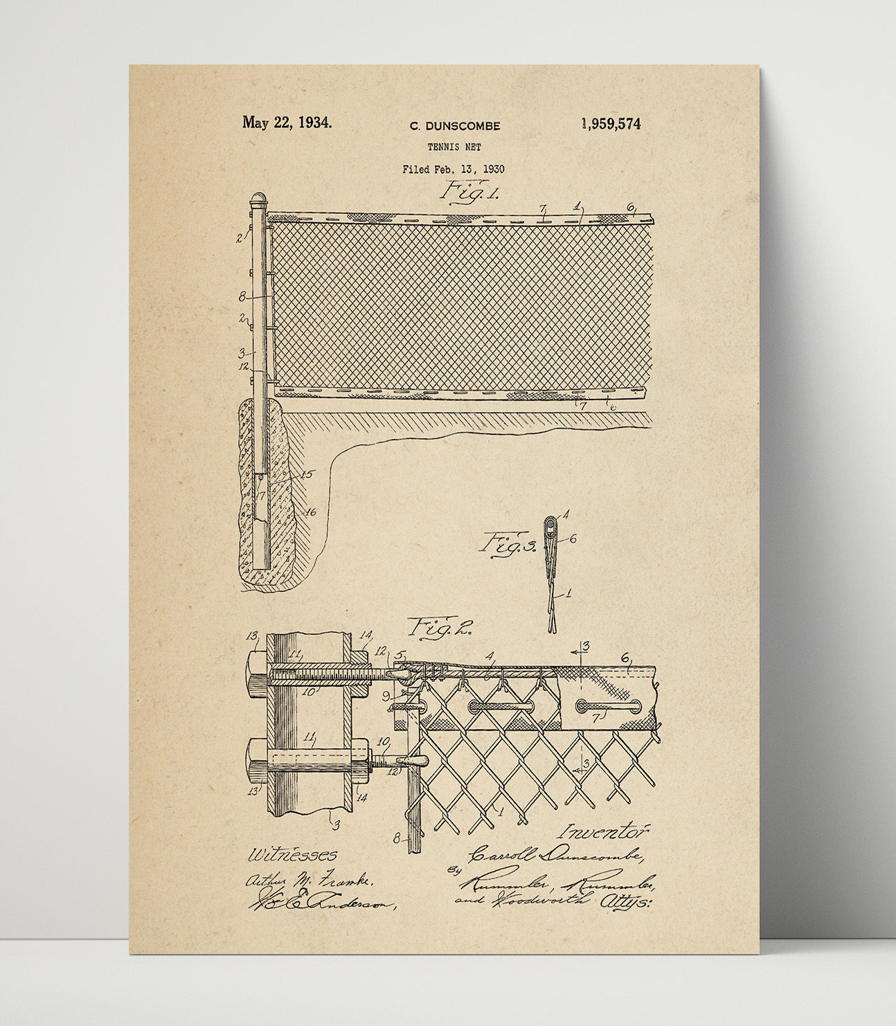 Patent Print - Tennis Net - C Dunscombe - 1934 - Patent 1959574 Patent Wall Art