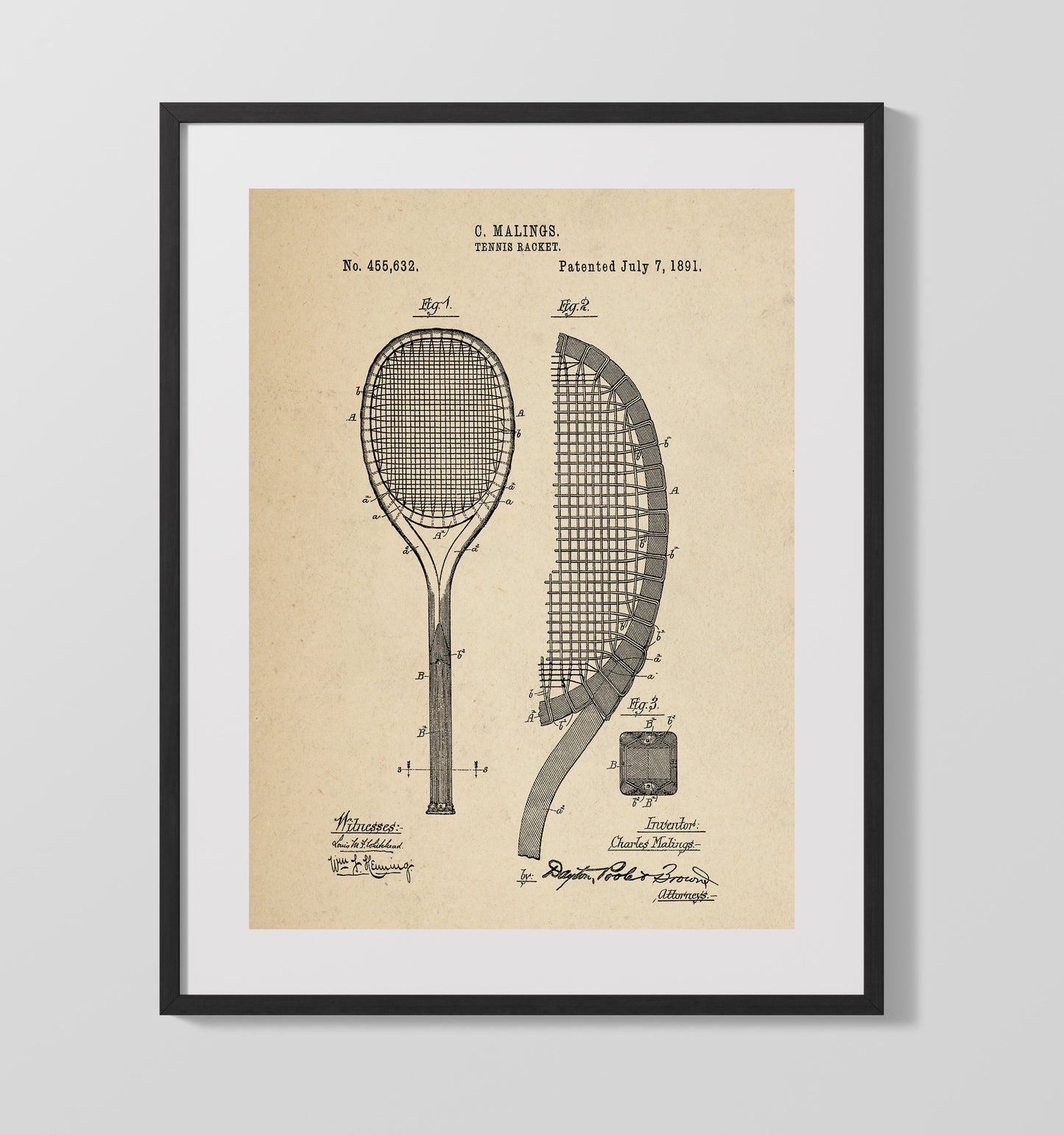 Tennis Racket 1891 patent print wall art 16x20 Gallery Frame
