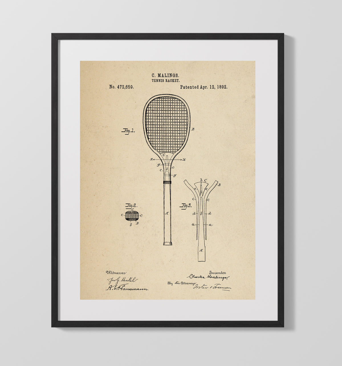 Tennis Racket 1892 patent print wall art 16x20 Gallery Frame