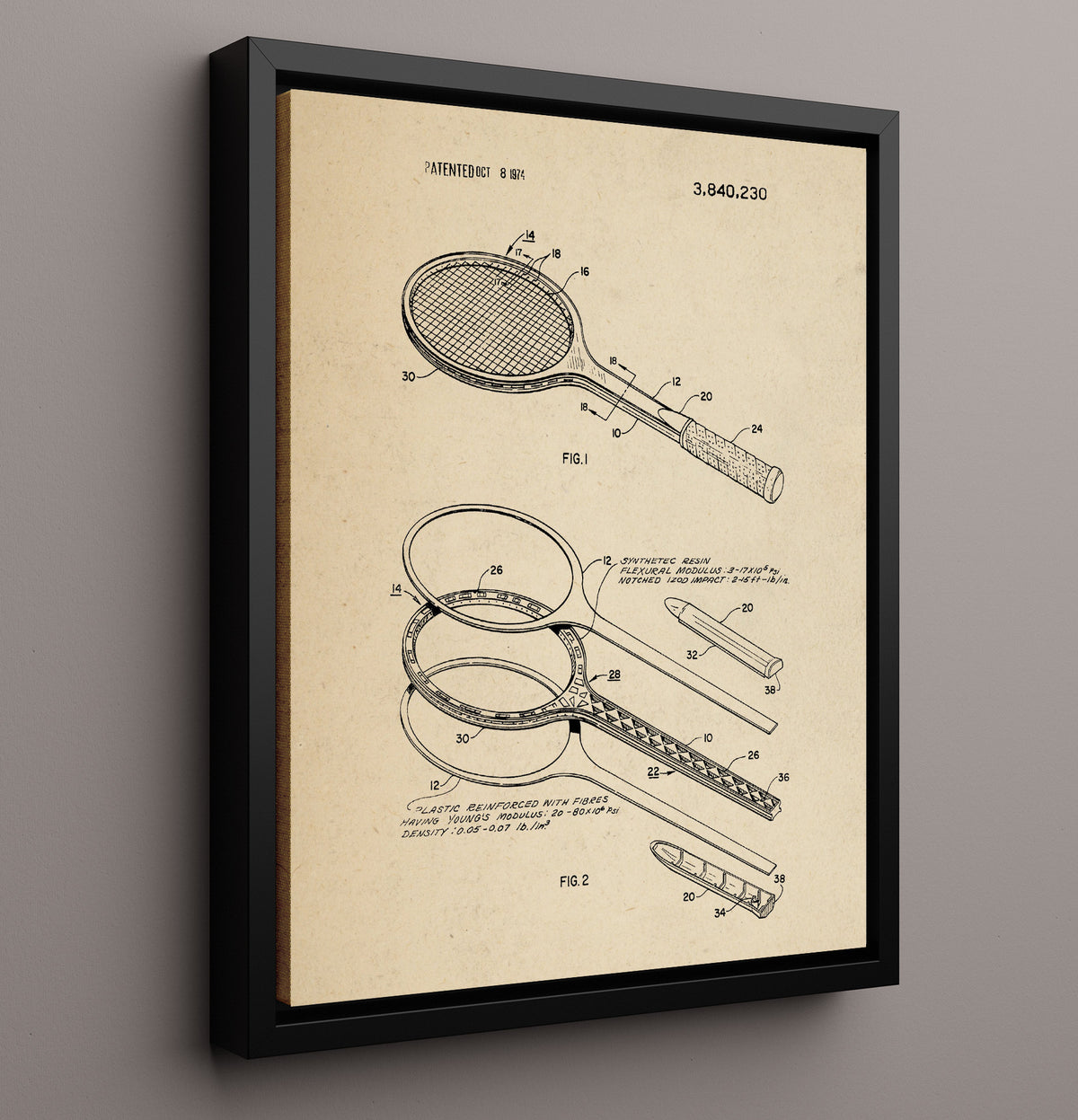 Tennis Racket - 1974 Patent - 16x20 Framed Canvas