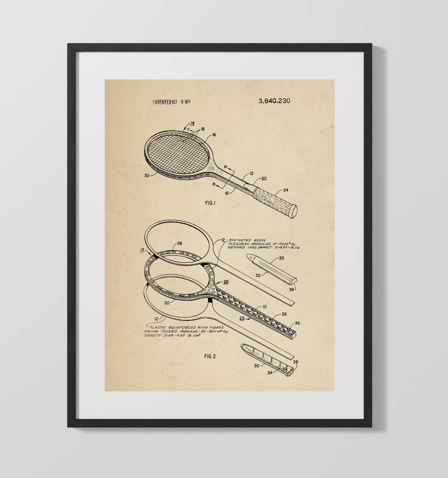 Tennis Racket 1974 patent print wall art 16x20 Gallery Frame