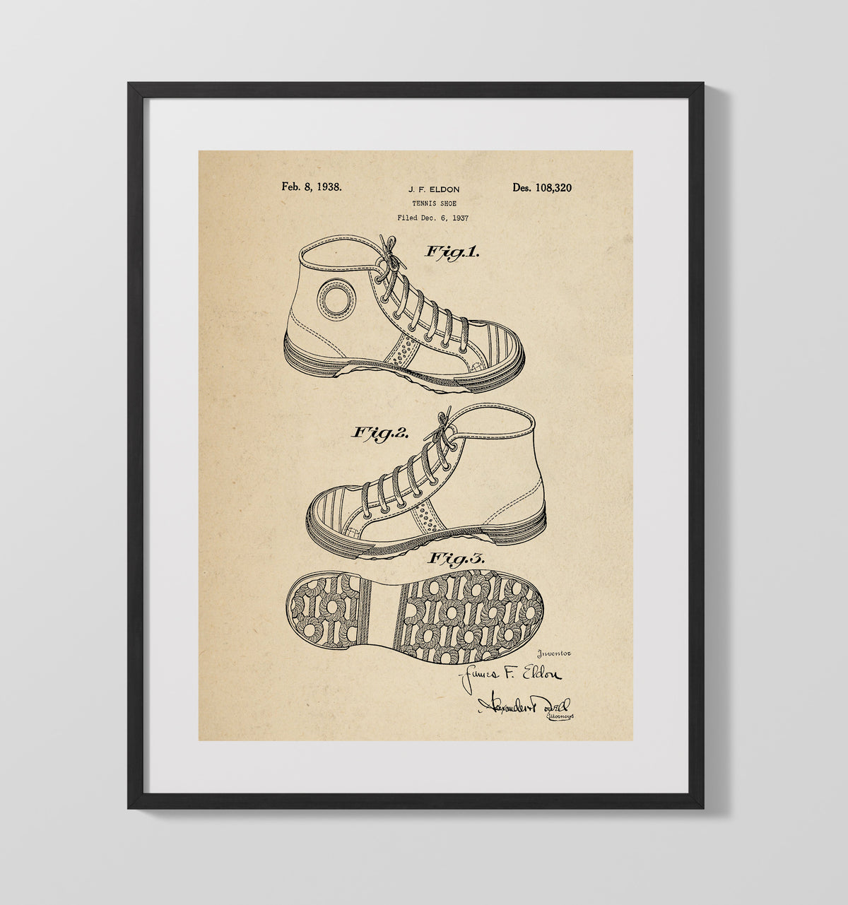 Tennis Shoe 1938 patent print wall art 16x20 Gallery Frame