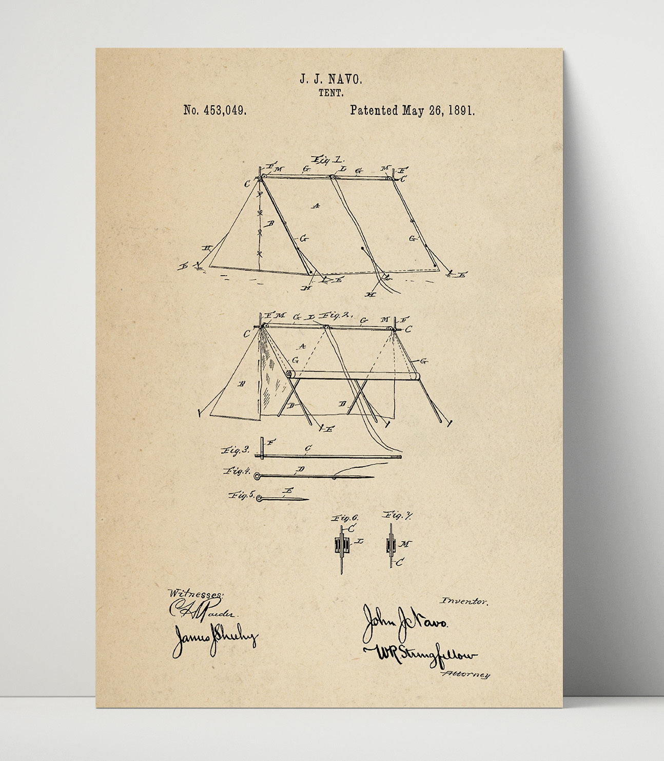 Patent Print - Tent Structure - J J Navo - 1891 - Patent 453049 Patent Wall Art