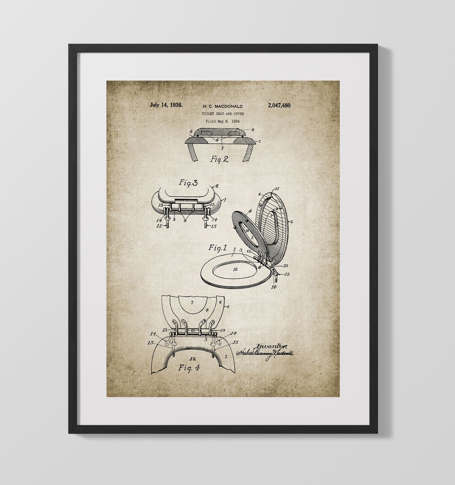 Toilet Seat patent print wall art 16x20 Gallery Frame