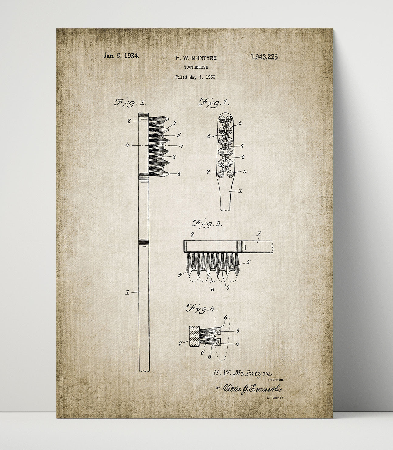 Patent Print - Toothbrush - Patent 1934 Patent Wall Art