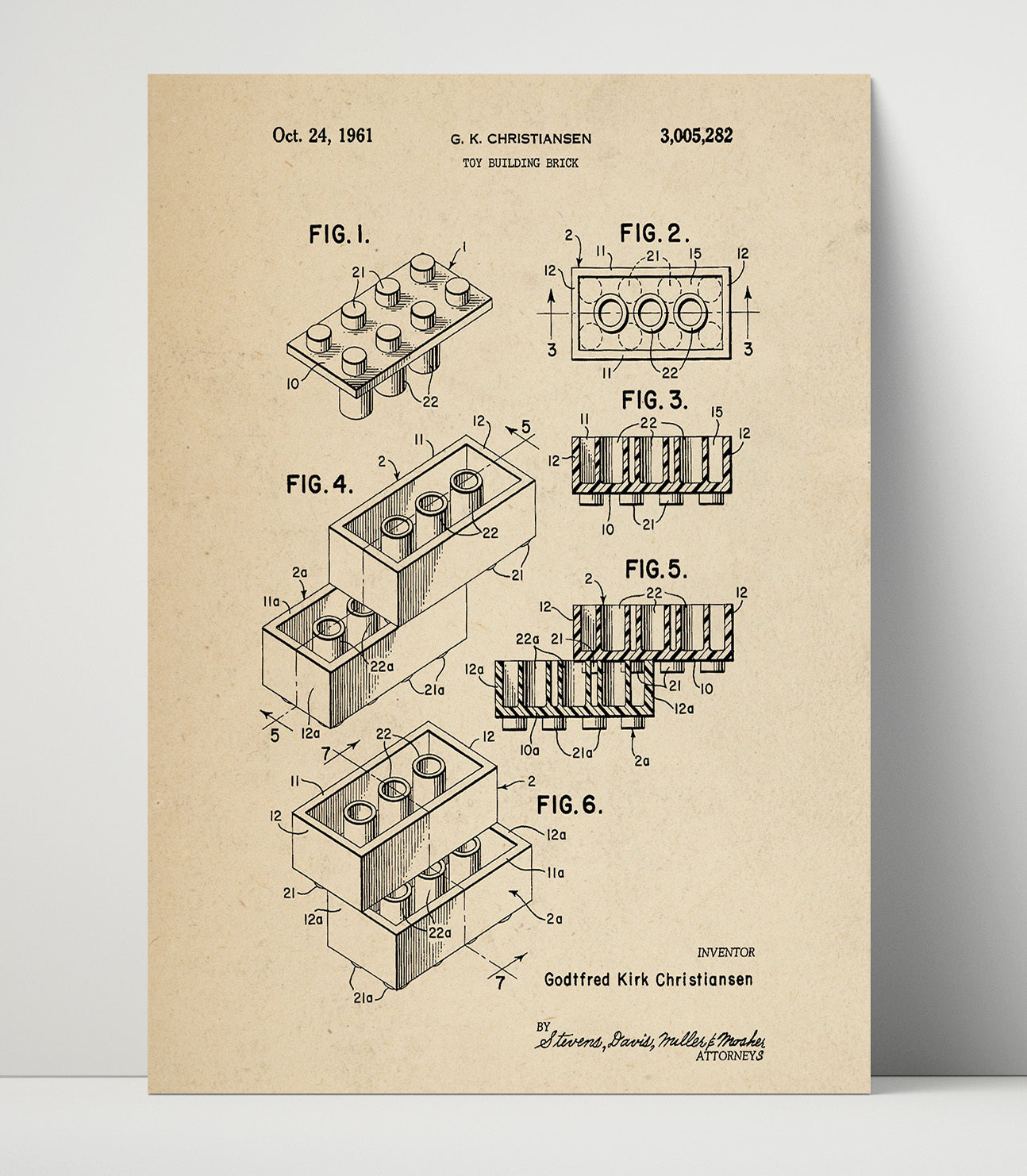 Patent Print - Toy Building Brick - Godtfred Kirk Christiansen - 1961 - Patent 3005282 Patent Wall Art