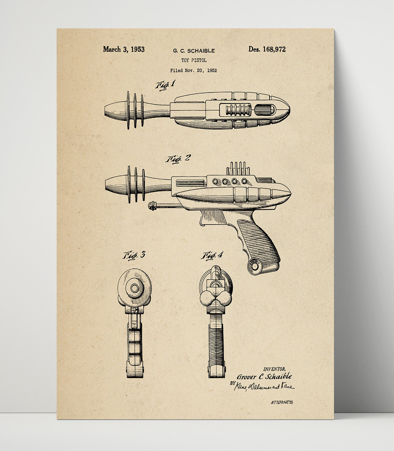 Patent Print - Toy Ray Gun Pistol - Grover C Schaible - 1953 - Patent D168972 Patent Wall Art