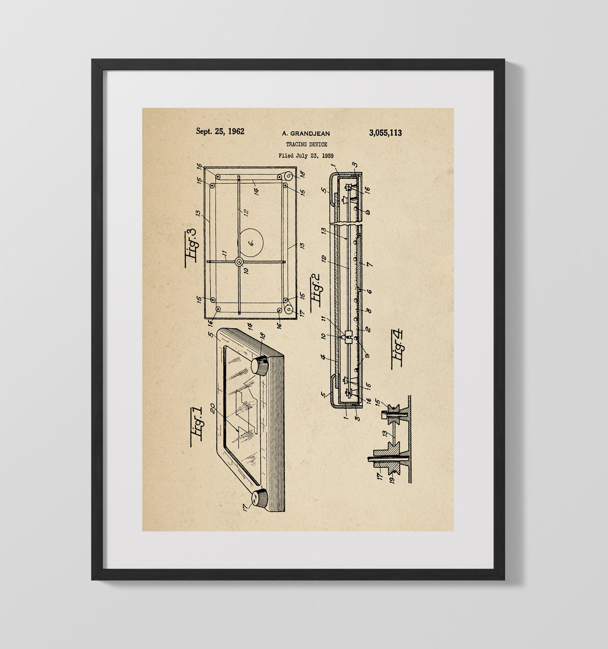 Tracing Device 1962 patent print wall art 16x20 Gallery Frame