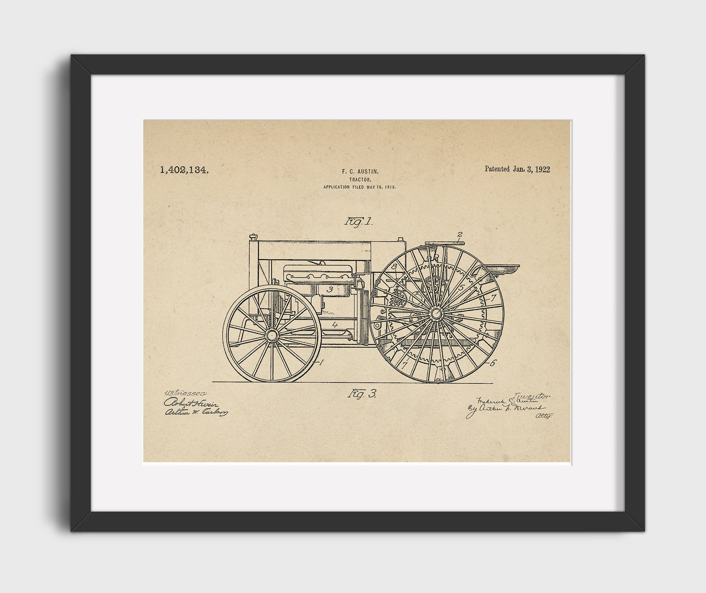 Tractor 1922 patent print wall art 16x20 Gallery Frame