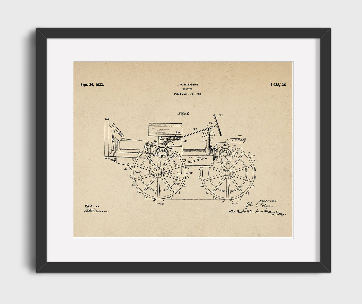 Tractor 1933 patent print wall art 16x20 Gallery Frame