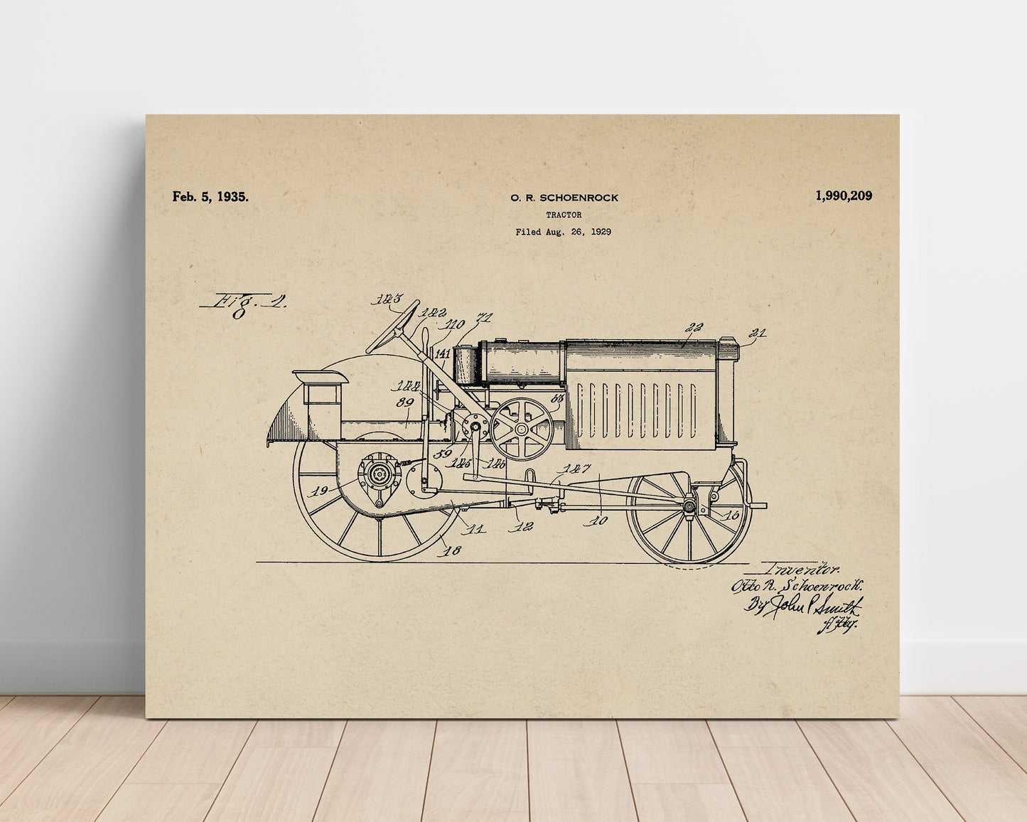 Patent Print - Tractor - Otto R Schoenrock - 1935 - Patent 1990209 - Landscape Patent Wall Art