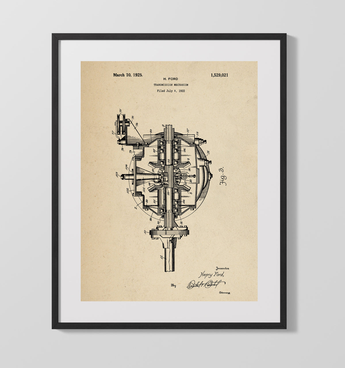 Transmission Mechanism 1925 patent print wall art 16x20 Gallery Frame