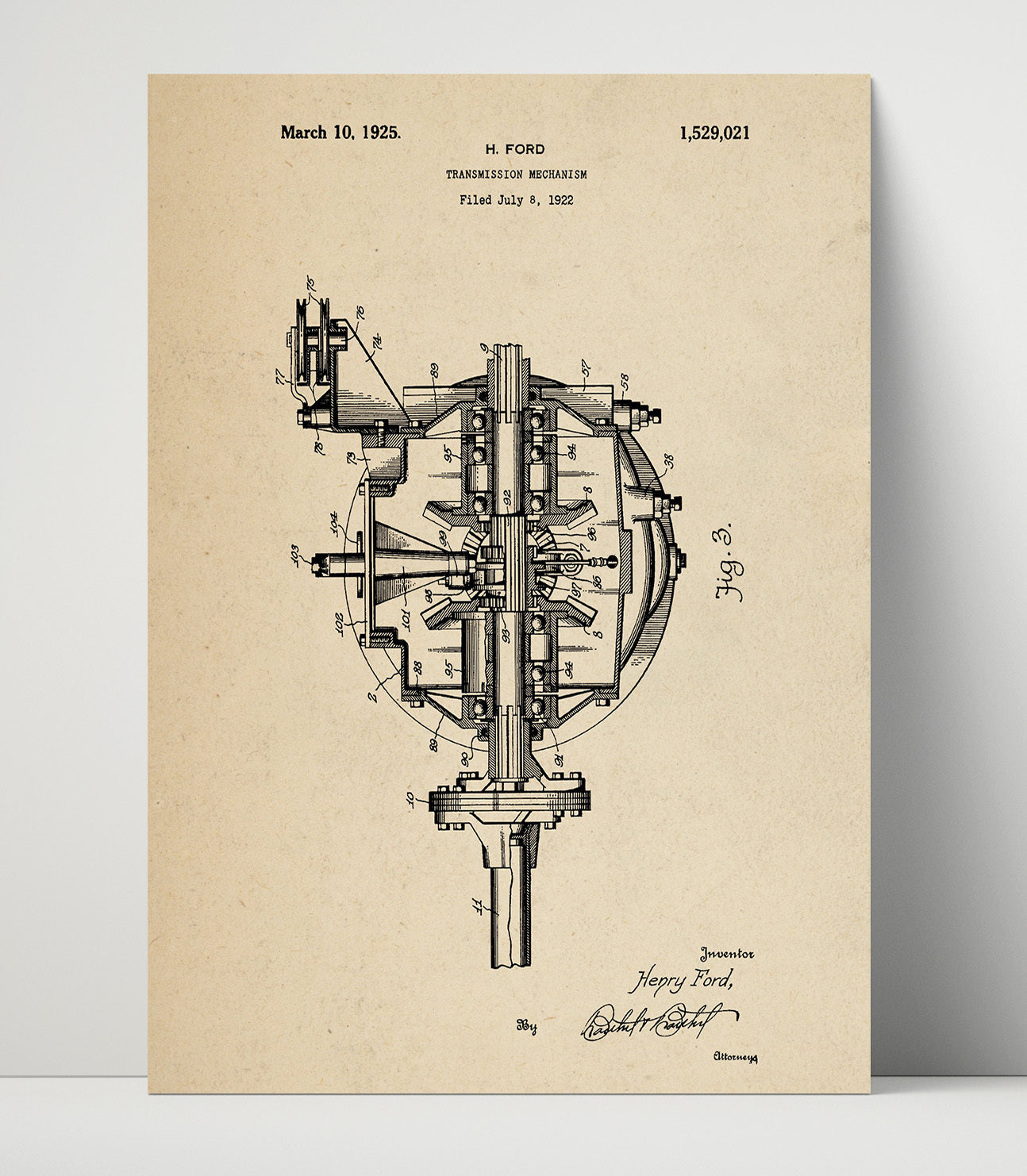Patent Print - Transmission Mechanism - Henry Ford - 1925 - Patent 1529021 Patent Wall Art