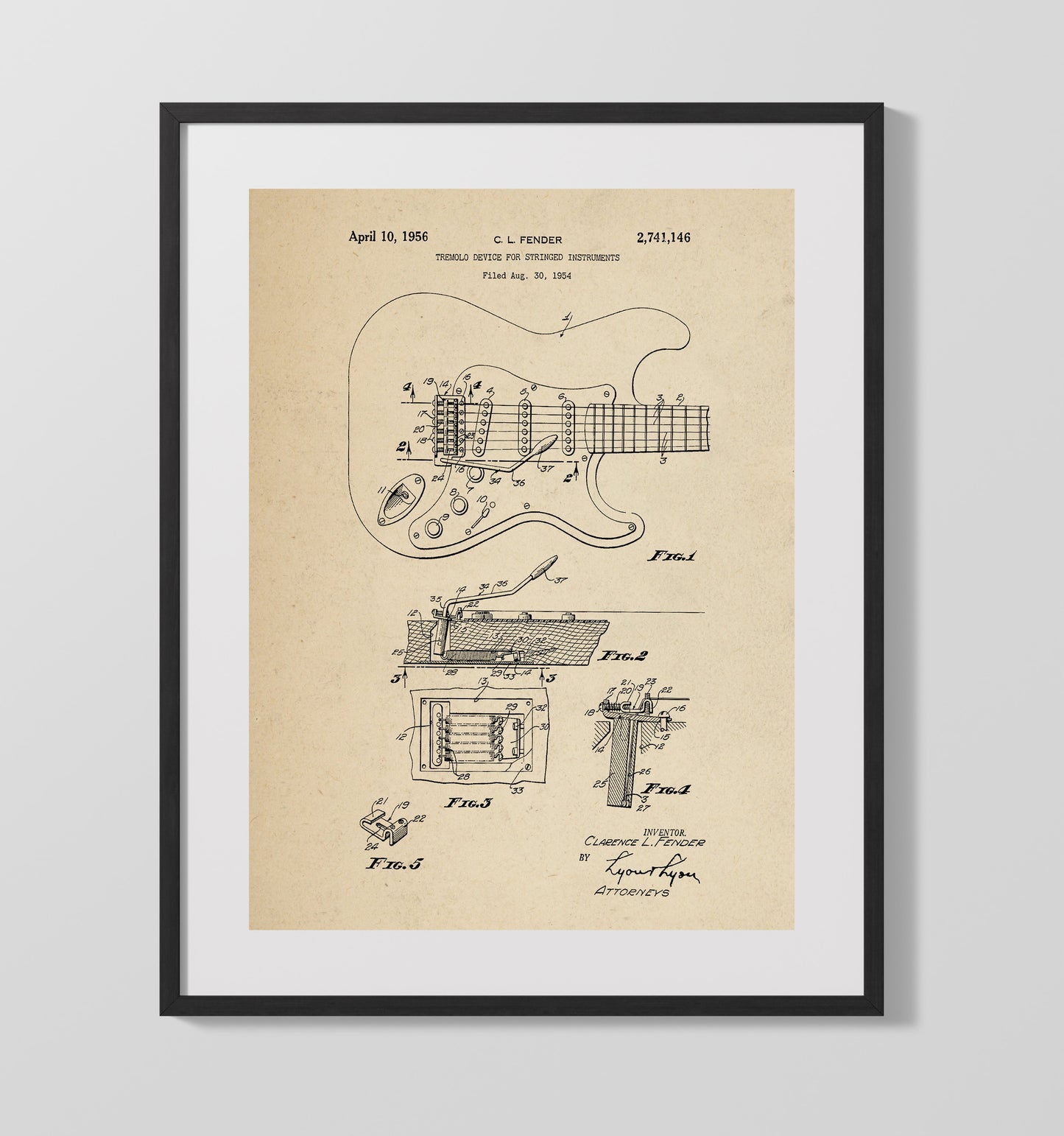 Tremolo Device For Stringed Instruments 1956 patent print wall art 16x20 Gallery Frame
