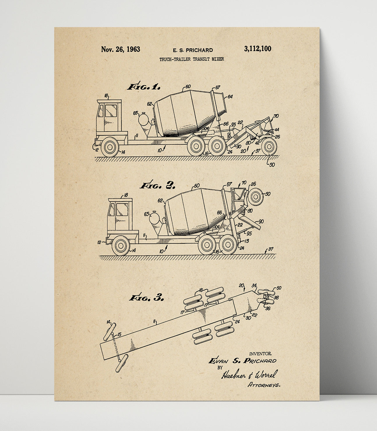 Patent Print - Truck-Trailer Transit Mixer - Evan S Prichard - 1963 - Patent 3112100 Patent Wall Art