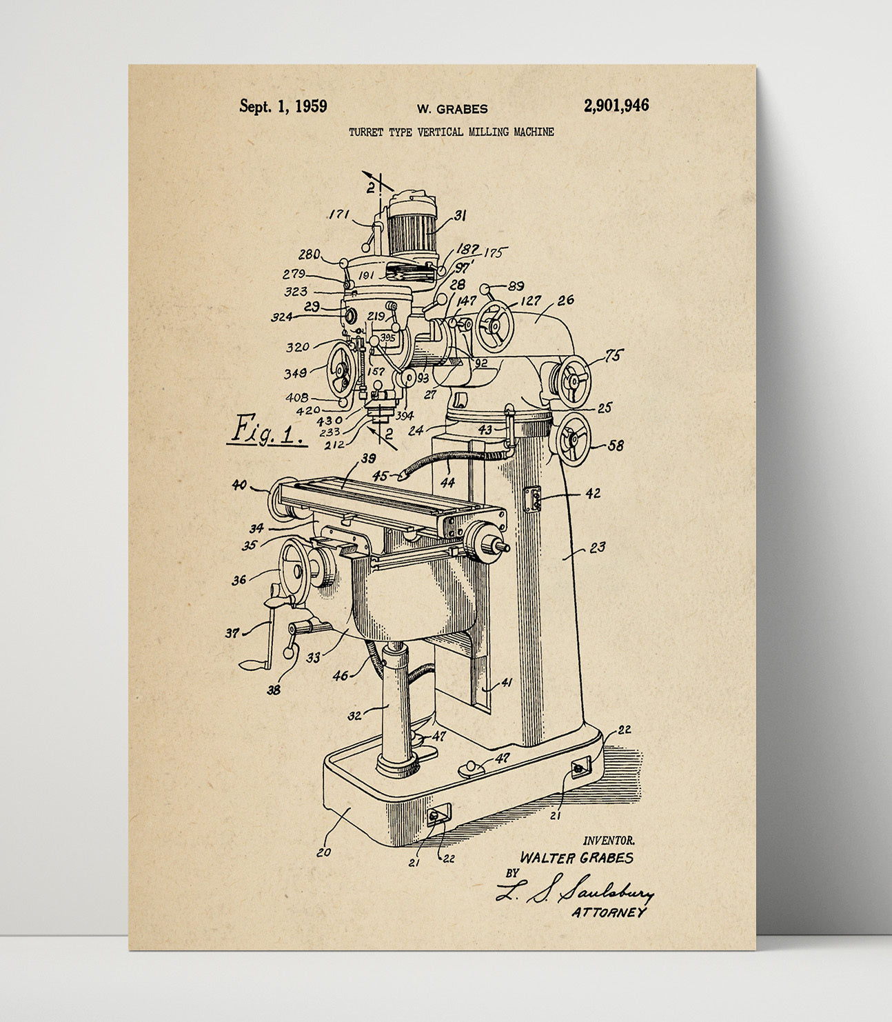 Patent Print - Turret Type Vertical Milling Machine - W. Grabes - 1959 - Patent 2901946 Patent Wall Art