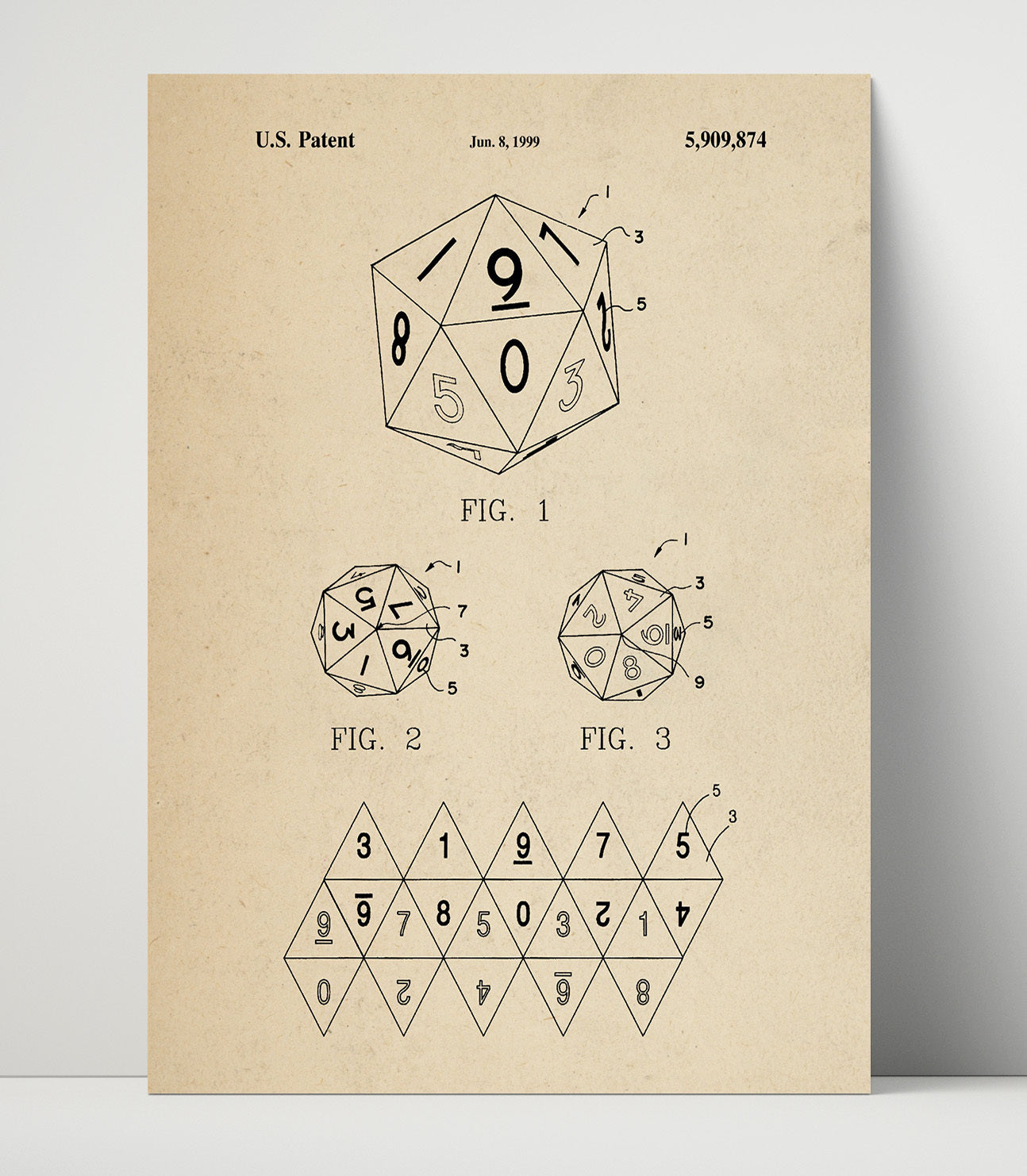 Patent Print - Twenty Sided Gaming Die - Unknown Inventor - 1999 - Patent 5909874 Patent Wall Art