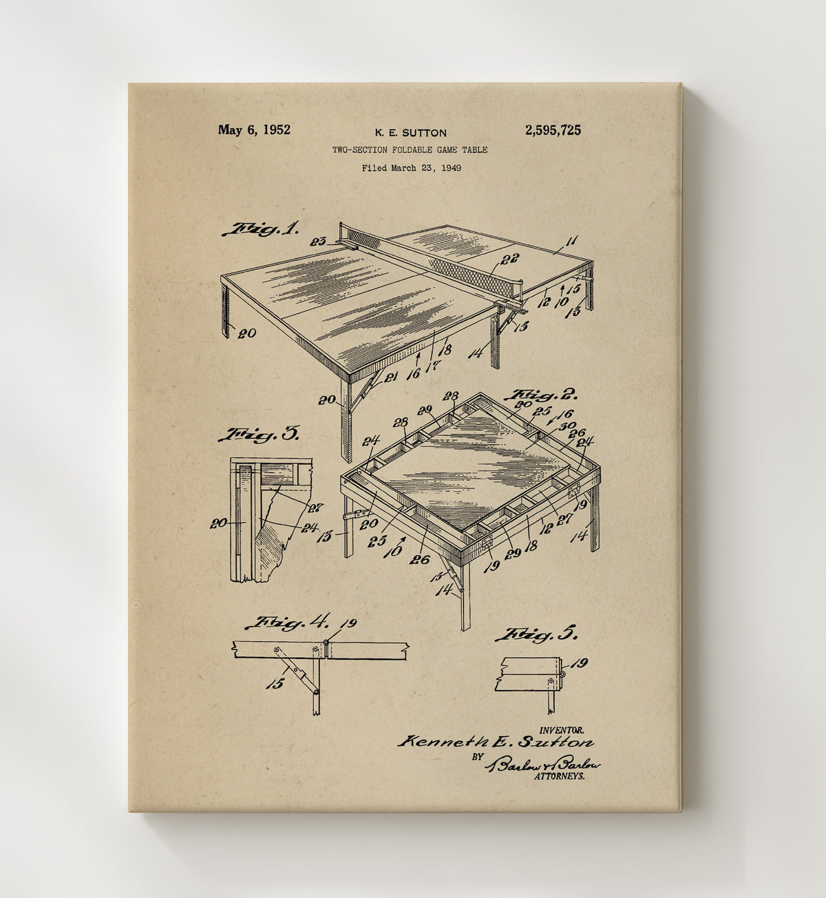 Two-Section Foldable Game Table - 1952 Patent - 20x24 Canvas