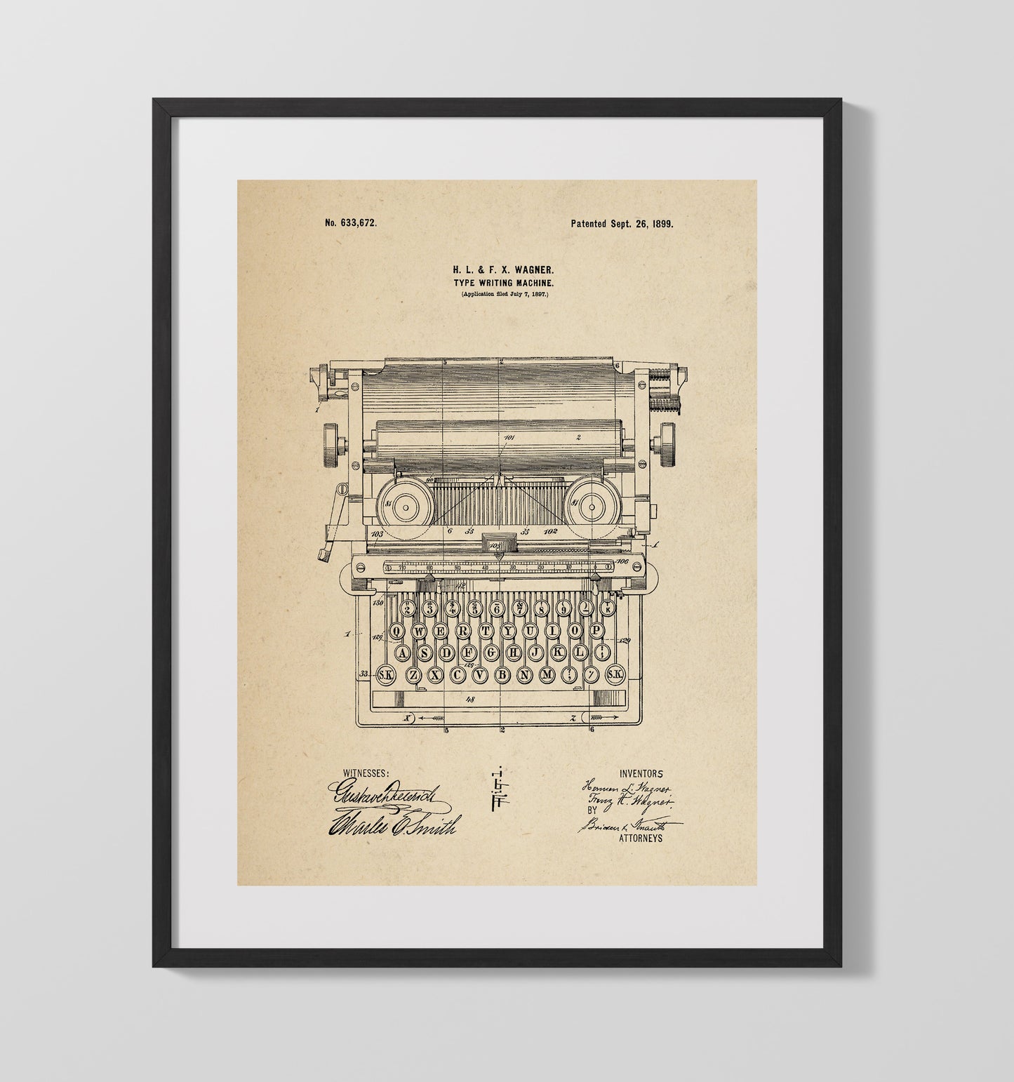 Typewriter 1899 patent print wall art 16x20 Gallery Frame