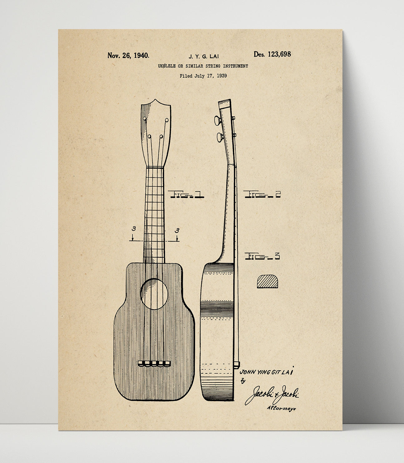 Patent Print - Ukulele - John Ying Git Lai - 1940 - Patent 123698 Patent Wall Art