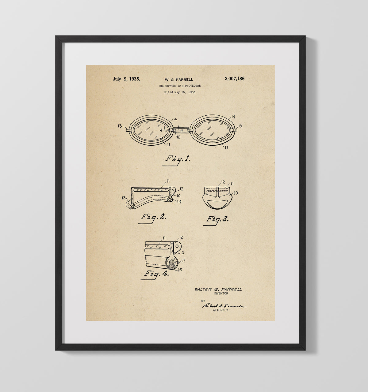 Underwater Eye Protector 1935 patent print wall art 16x20 Gallery Frame