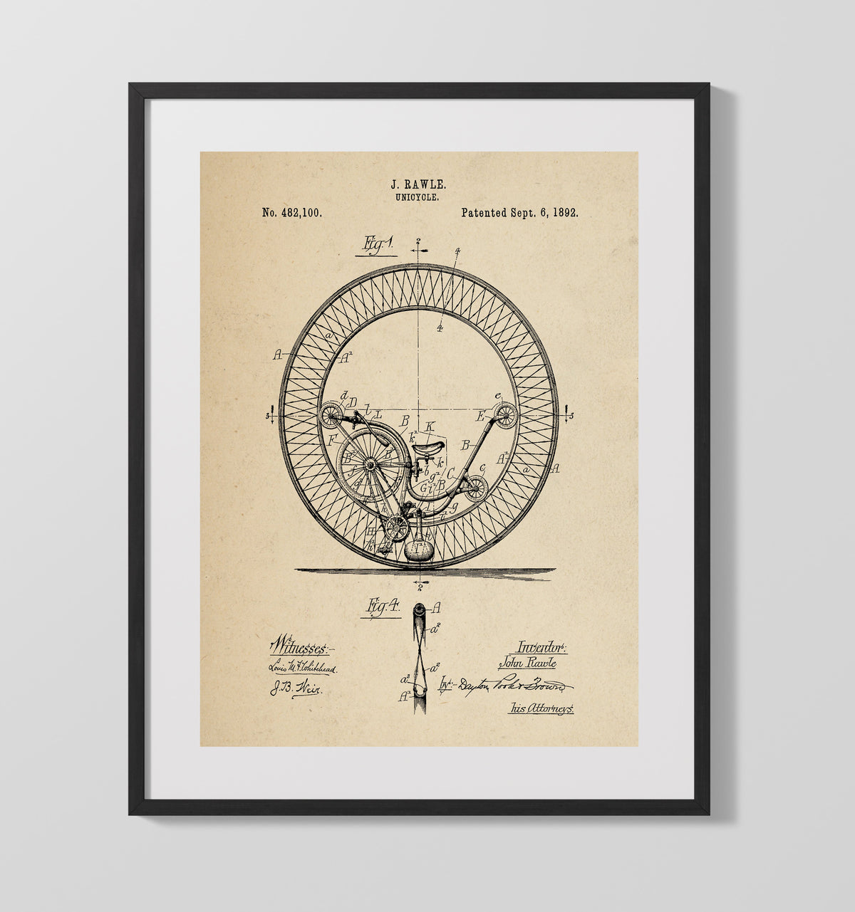 Unicycle 1892 patent print wall art 16x20 Gallery Frame