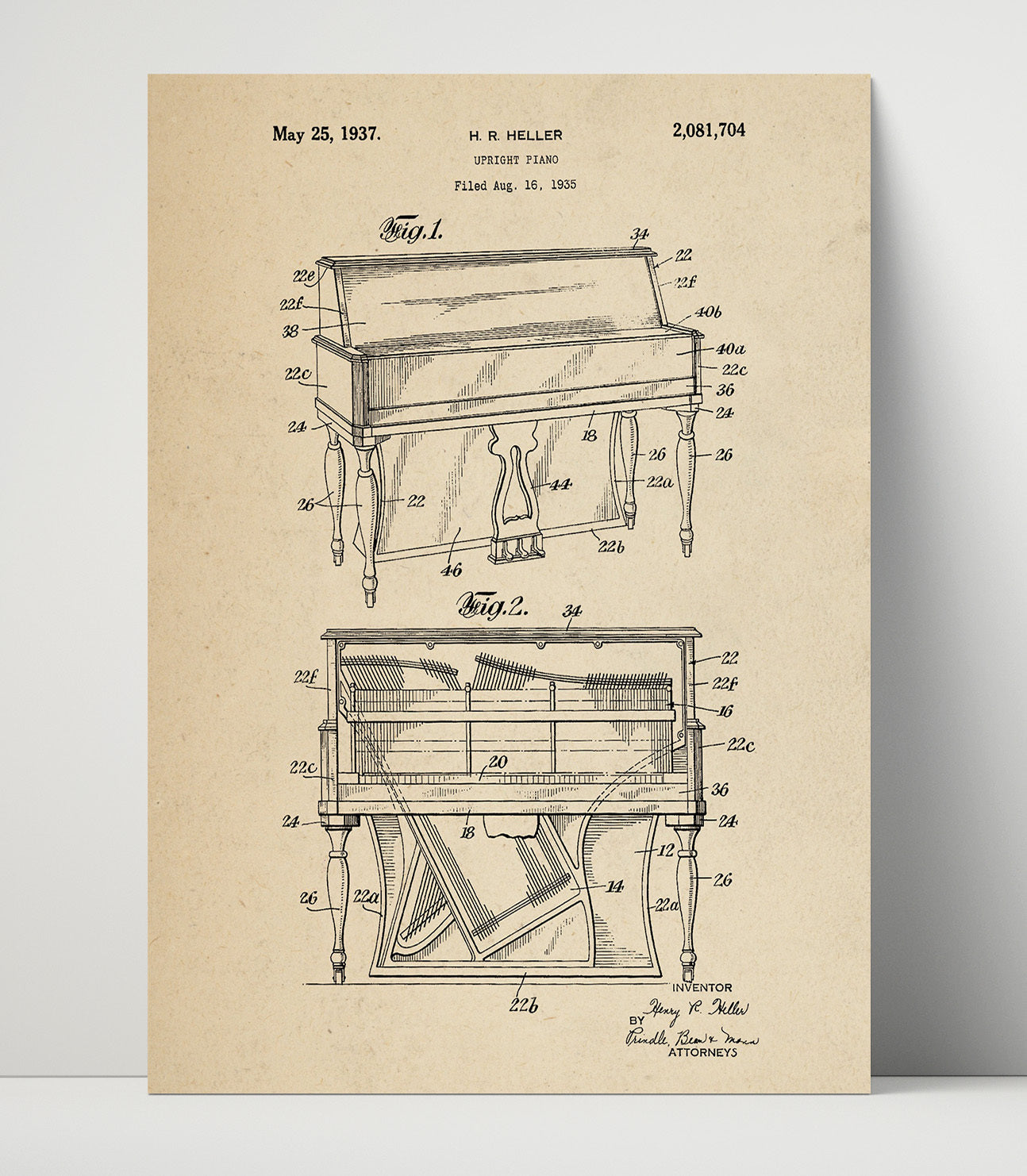 Patent Print - Upright Piano - H. R. Heller - 1937 - Patent 2081704 Patent Wall Art