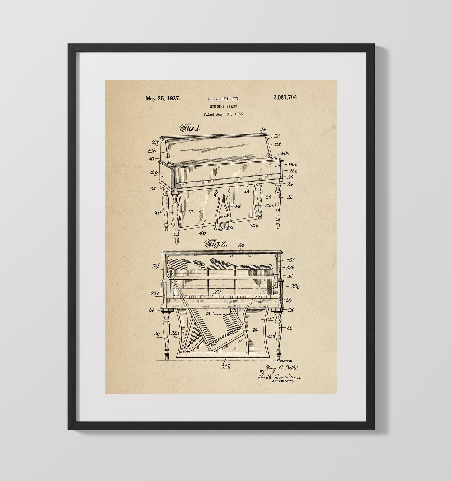 Upright Piano 1937 patent print wall art 16x20 Gallery Frame
