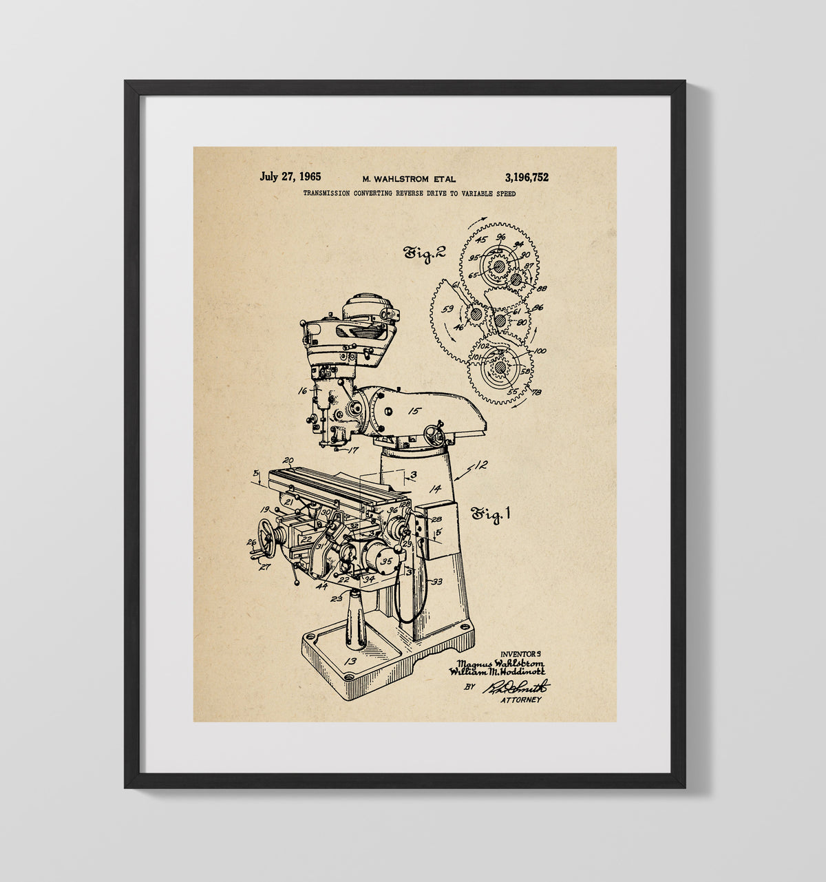 Variable Speed Milling Machine Transmission 1965 patent print wall art 16x20 Gallery Frame