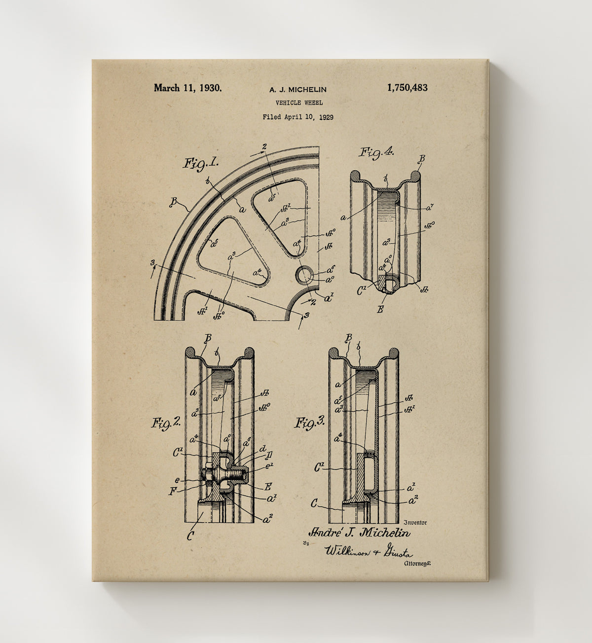 Vehicle Wheel - 1930 Patent - 20x24 Canvas
