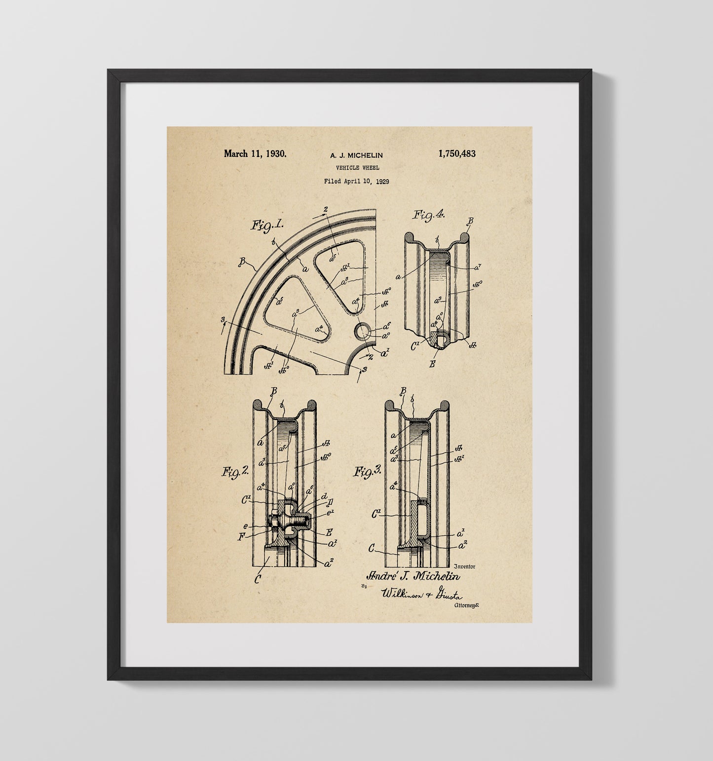 Vehicle Wheel 1930 patent print wall art 16x20 Gallery Frame