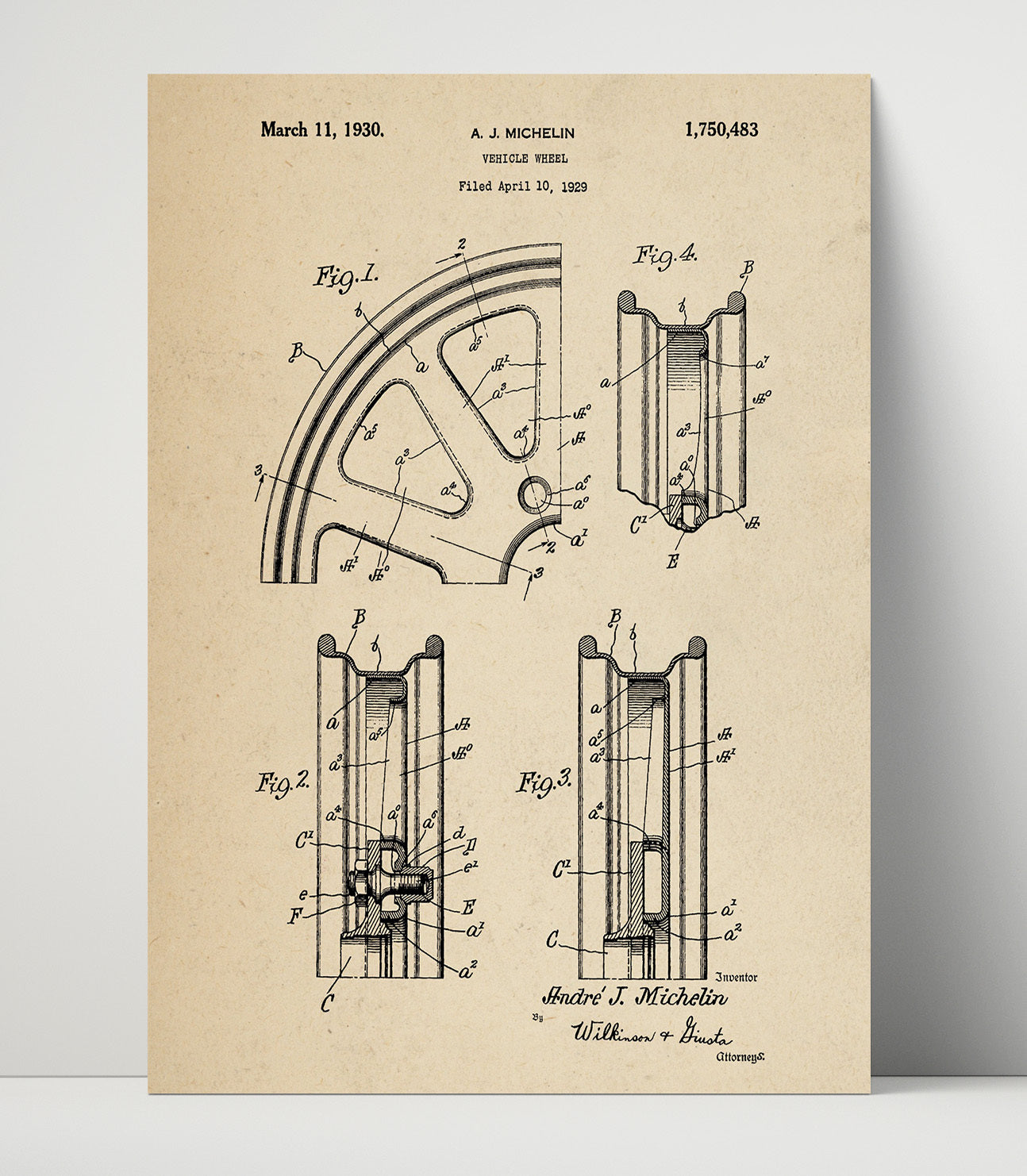 Patent Print - Vehicle Wheel - Andre J Michelin - 1930 - Patent 1750483 Patent Wall Art