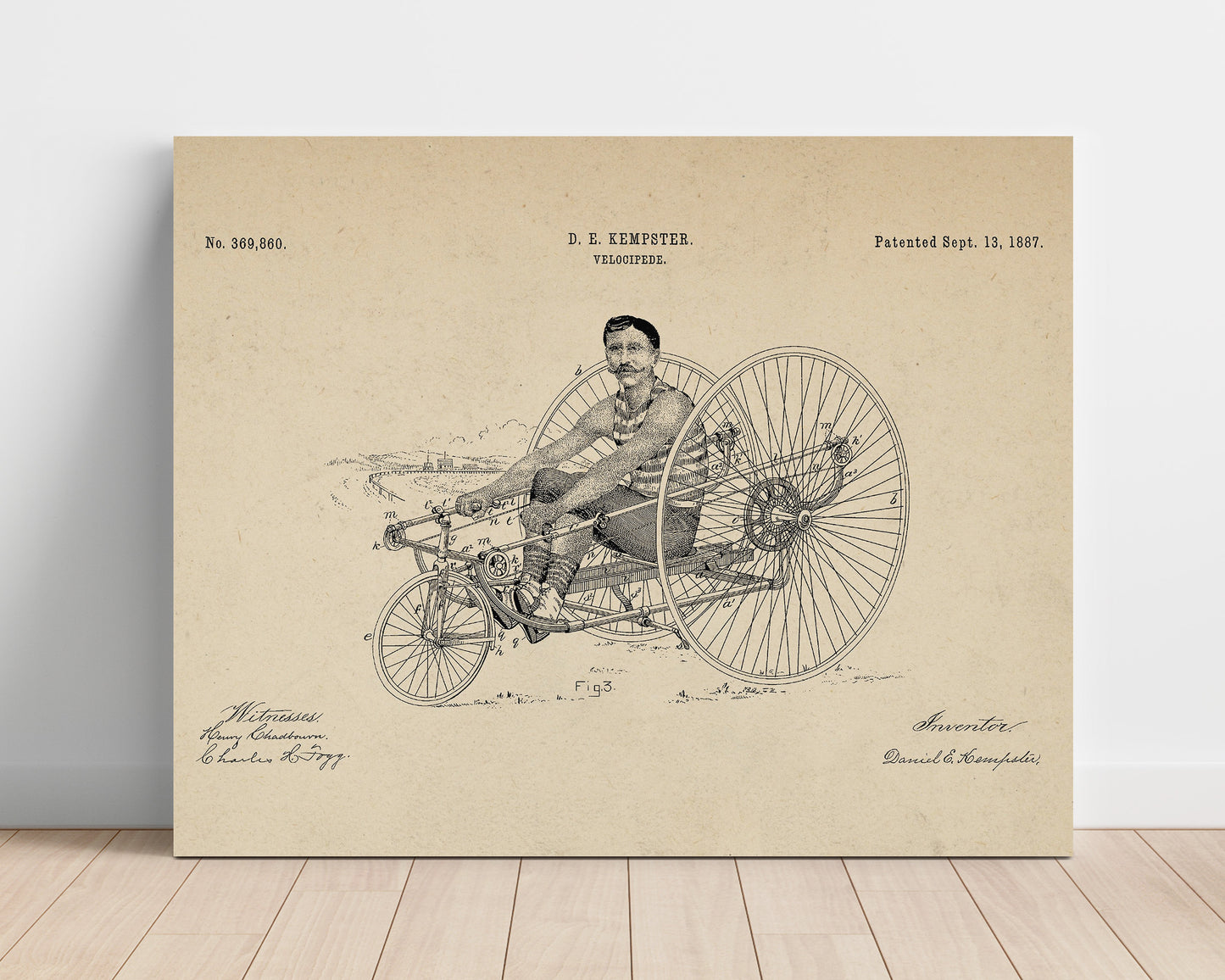 Patent Print - Velocipede - Daniel E Kempster - 1887 - Patent 369860 - Landscape Patent Wall Art