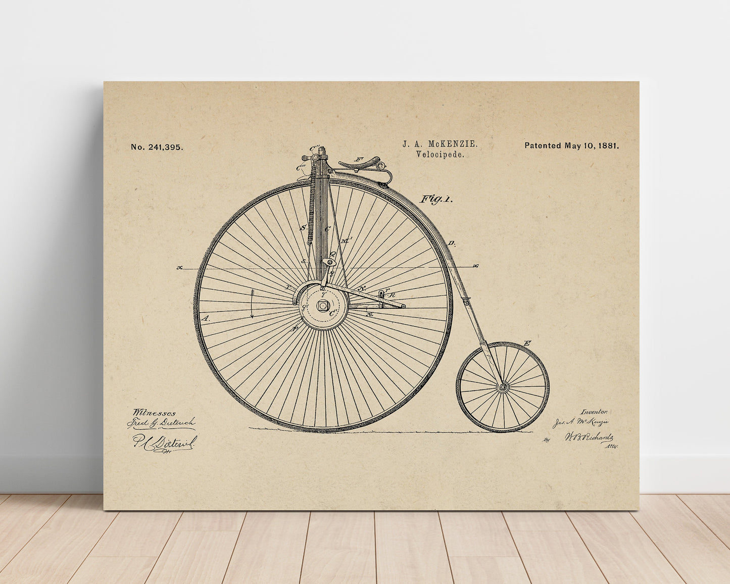 Patent Print - Velocipede - J A Mckenzie - 1881 - Patent 241395 - Landscape Patent Wall Art