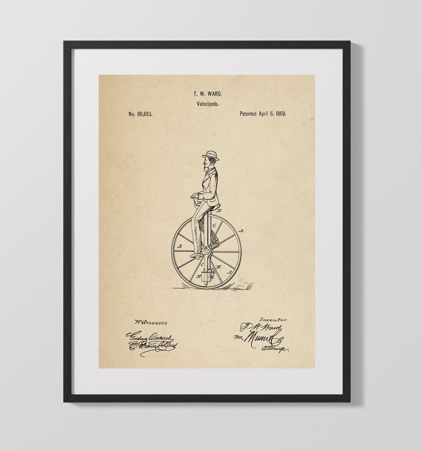 Velocipede 1869 patent print wall art 16x20 Gallery Frame